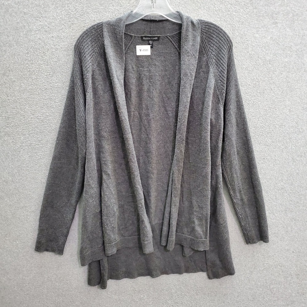 Eileen Fisher Women Sweater Medium Gray 100% Merino Wool‎ Cardigan Open Front